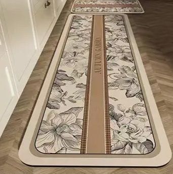 アメリカンヴィンテージ風植物花柄のキッチンマット！珪藻土で吸水抜群滑り止め付き