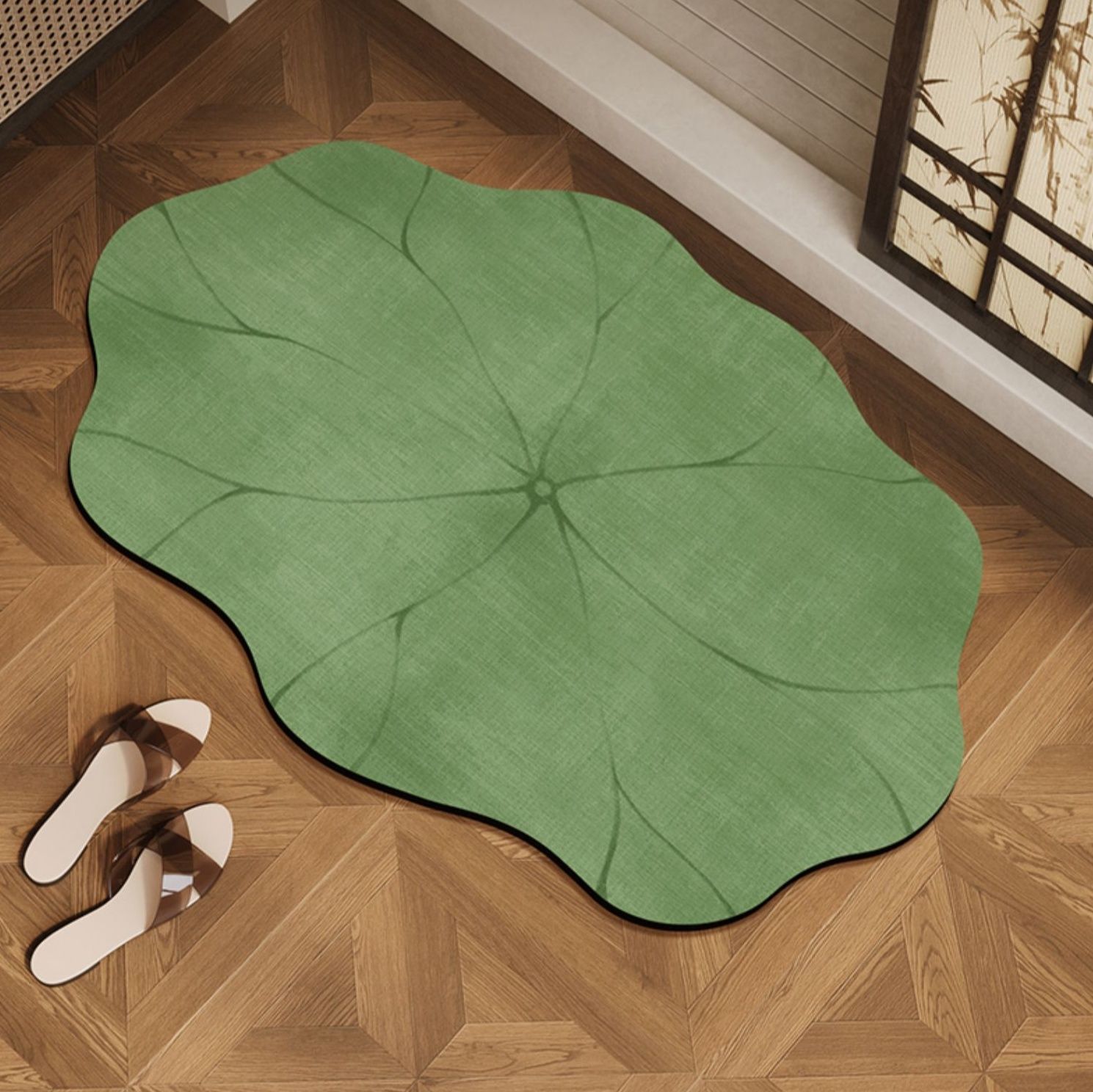 拭けて洗える！緑の蓮柄が美しい新中式キッチンマット滑り止め付き
