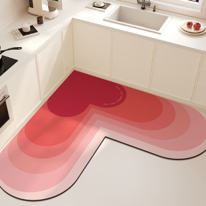 心形パターンが可愛い赤いL型キッチンマット 防水防滑で洗濯機対応