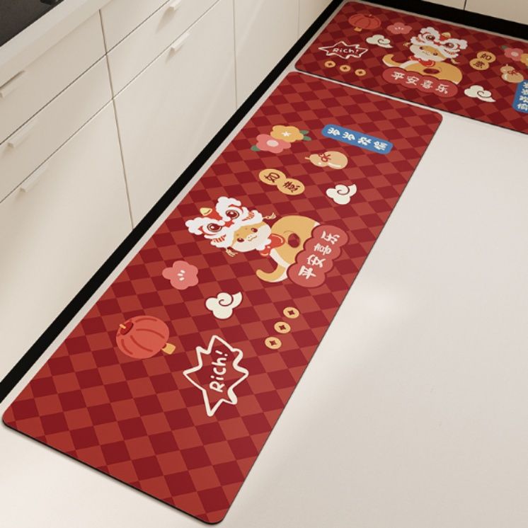 新年を華やかに彩る吸水・抗菌加工の洗える滑り止めキッチンマット