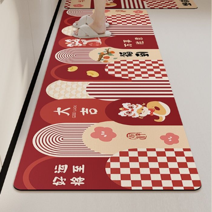 新年を華やかに彩る吸水・抗菌加工の洗える滑り止めキッチンマット