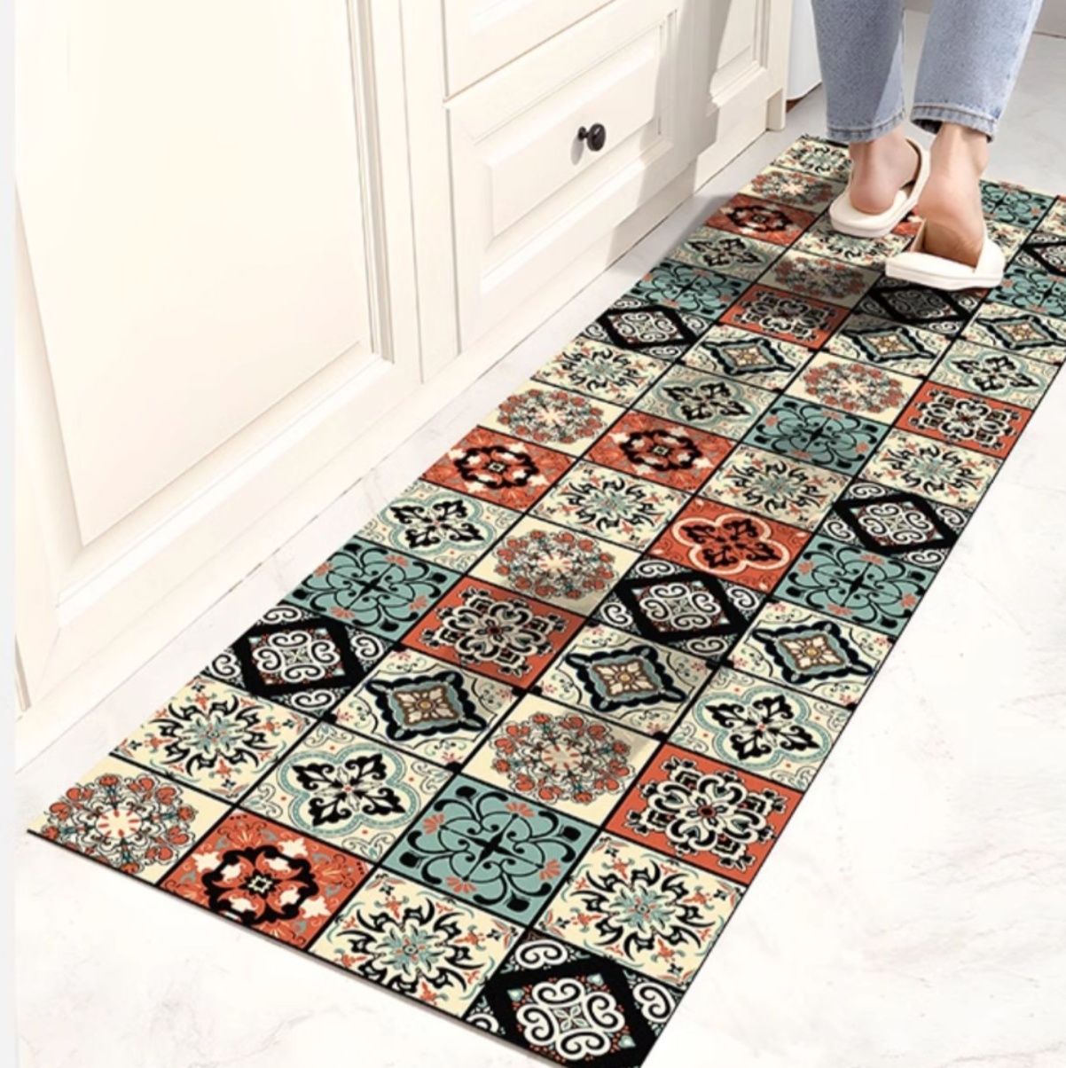 幾何学模様でおしゃれ！洗える滑り止め付きPVCキッチンマット