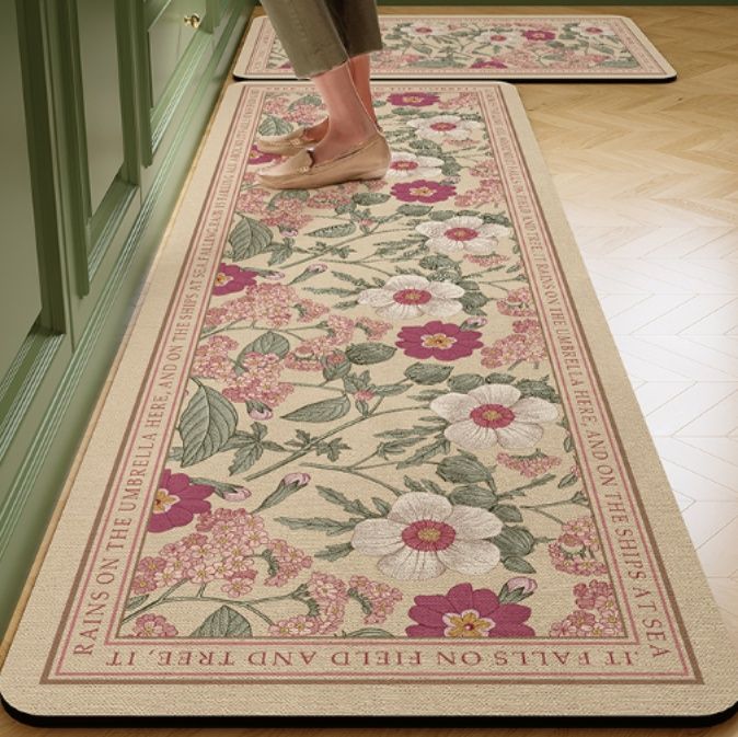 花柄で美しい吸水防滑キッチンマット！洗える抗菌仕様でお手入れ簡単