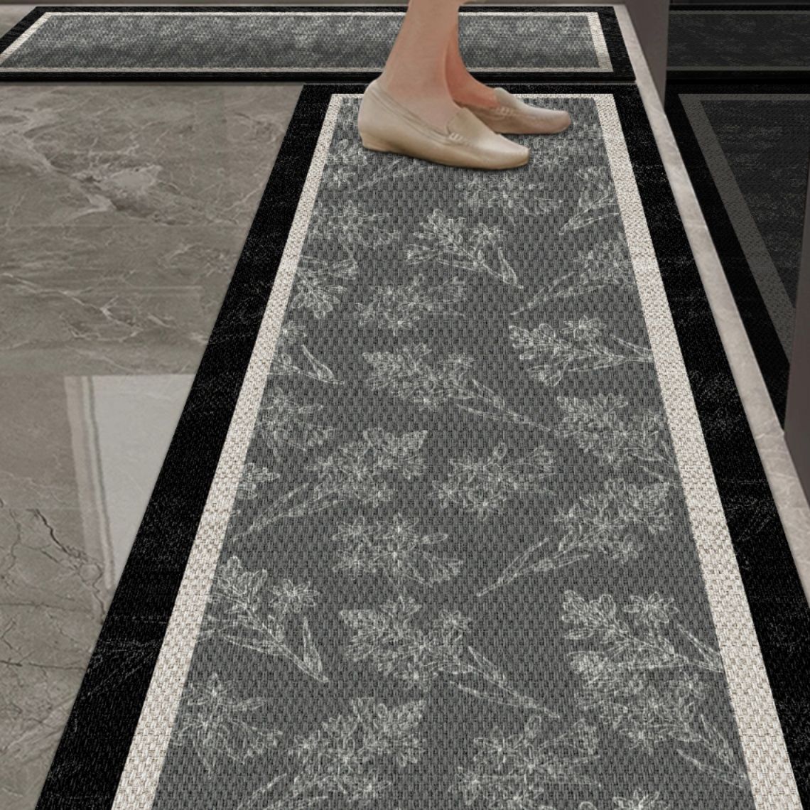 撥水と滑り止めで使いやすい北欧風花柄おしゃれキッチンマット