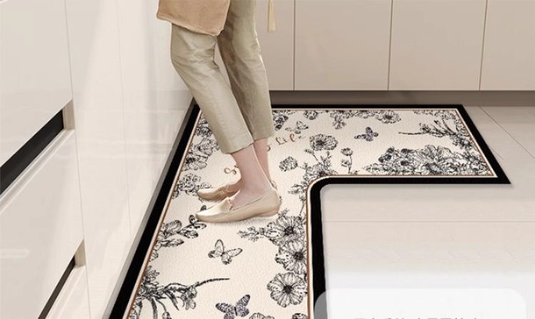 L字型で汚れを拭き取れる！防油防水の幾何学模様キッチンマット