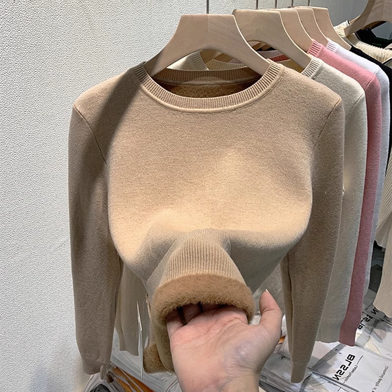 ニットトップス上品なクルーネック長袖プルオーバー