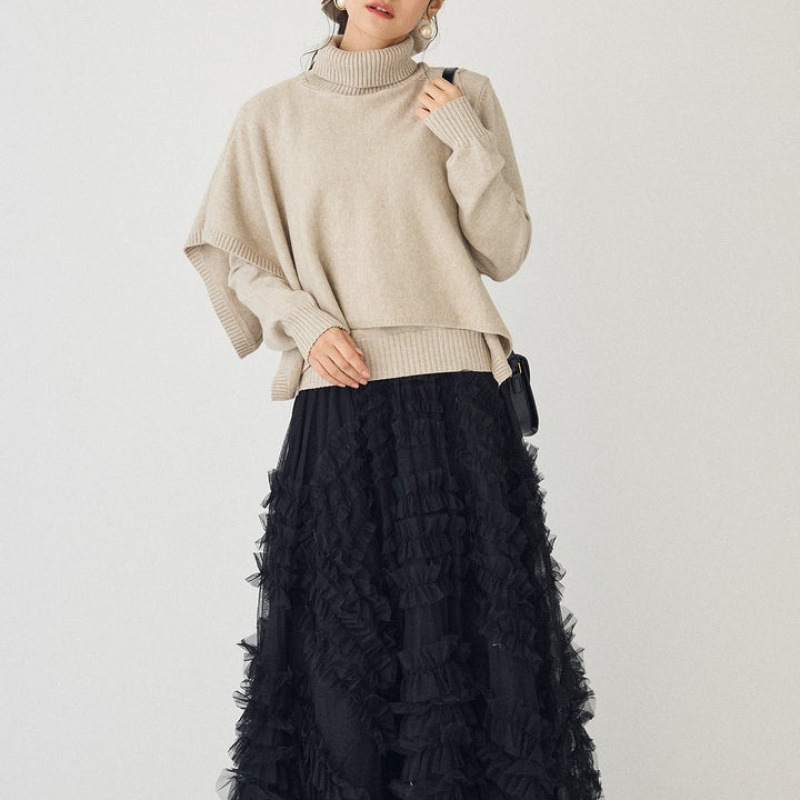 ハイネックニットとチュールスカートセット韓国風