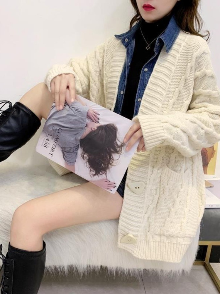 ニット ニット ハートボタン編み柄カーディガン