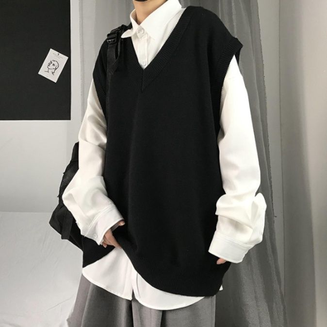 ニット 深襟無袖重ね着風ニットベスト