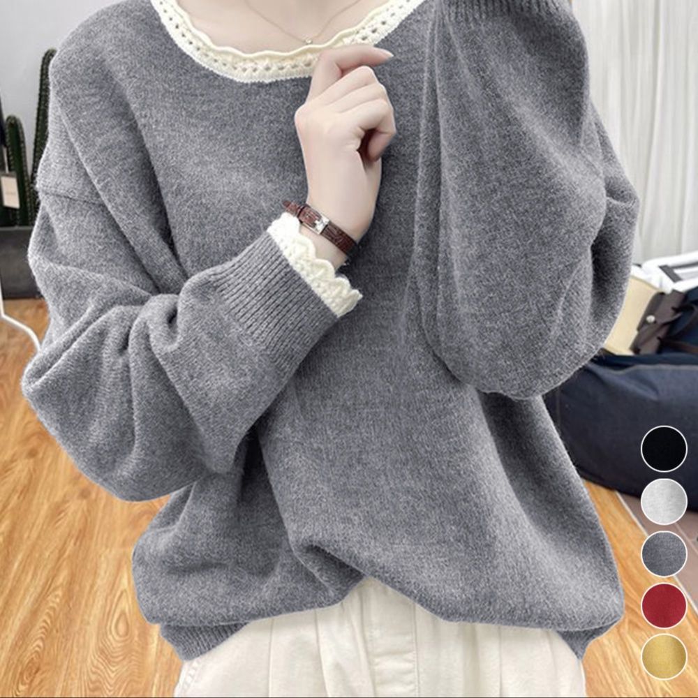 ニット フリル襟配色ニットプルオーバー長袖秋冬トップス。