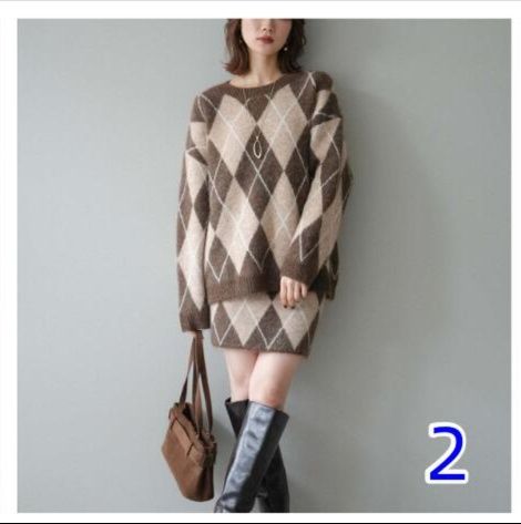 アーガイル柄ニットセーター&スカートセット　セットアップ