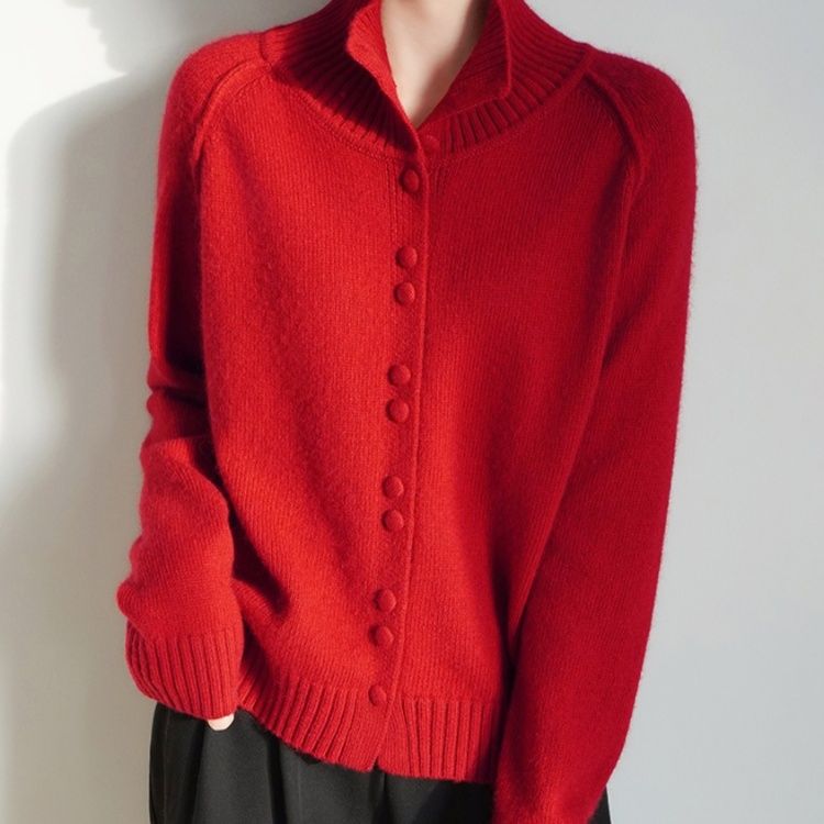 ニット ハイネックボタン付きリブ編みニットセーター