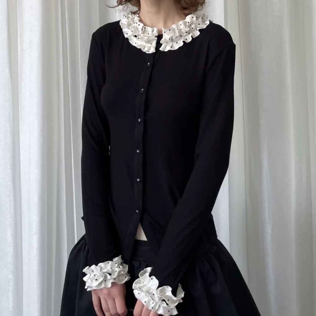 ニット ドット柄フリル襟付き長袖ニットカーディガン