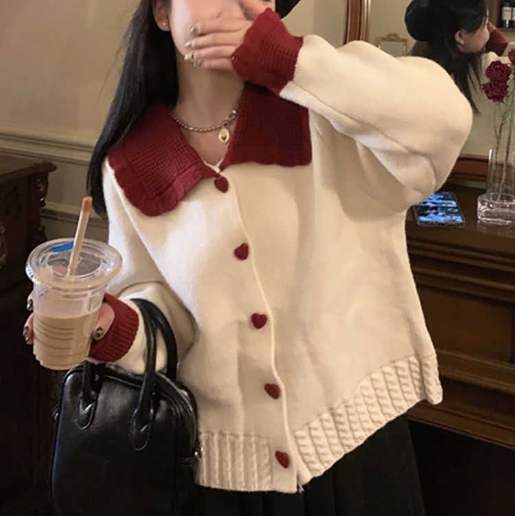 ニット 配色切替デザイン襟付きニットカーディガン