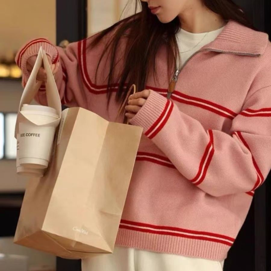 ニット 襟付きハーフジップボーダーラインニットセーター