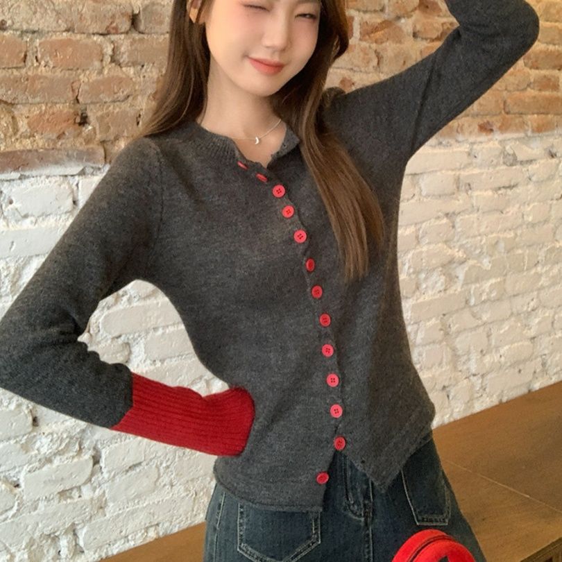 ニット 配色ボタン付き袖切り替えニットカーディガン