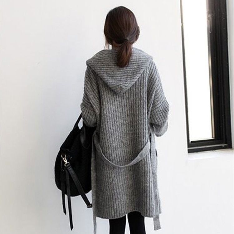 ニット フード付きカーディガン ロング丈 ゆったり秋冬