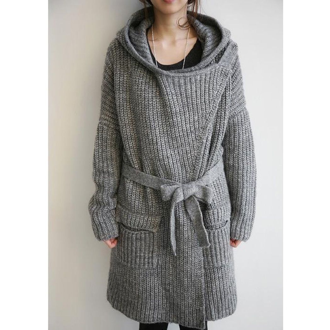 ニット フード付きカーディガン ロング丈 ゆったり秋冬