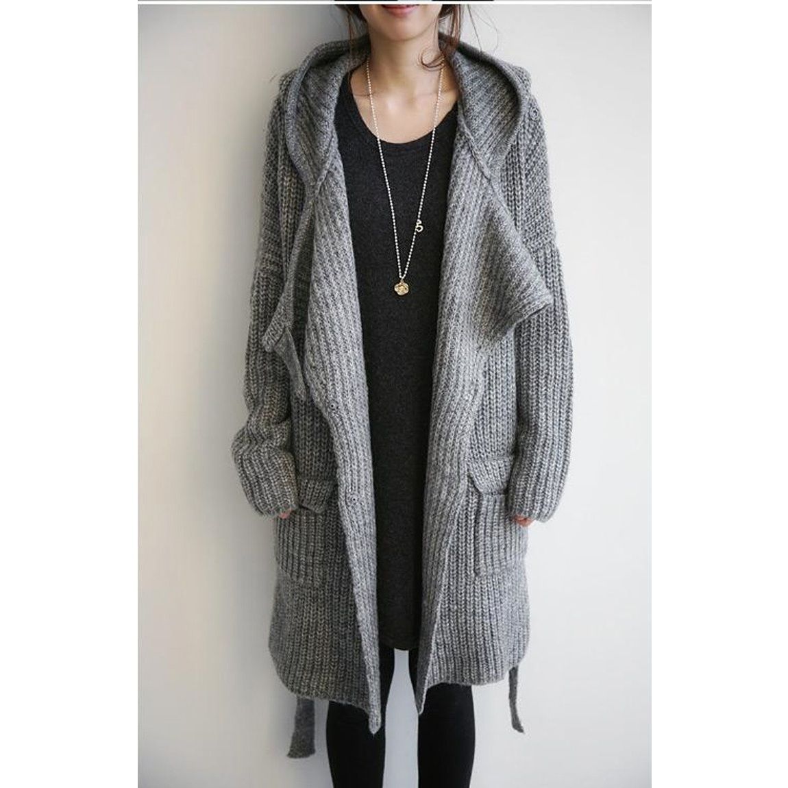 ニット フード付きカーディガン ロング丈 ゆったり秋冬