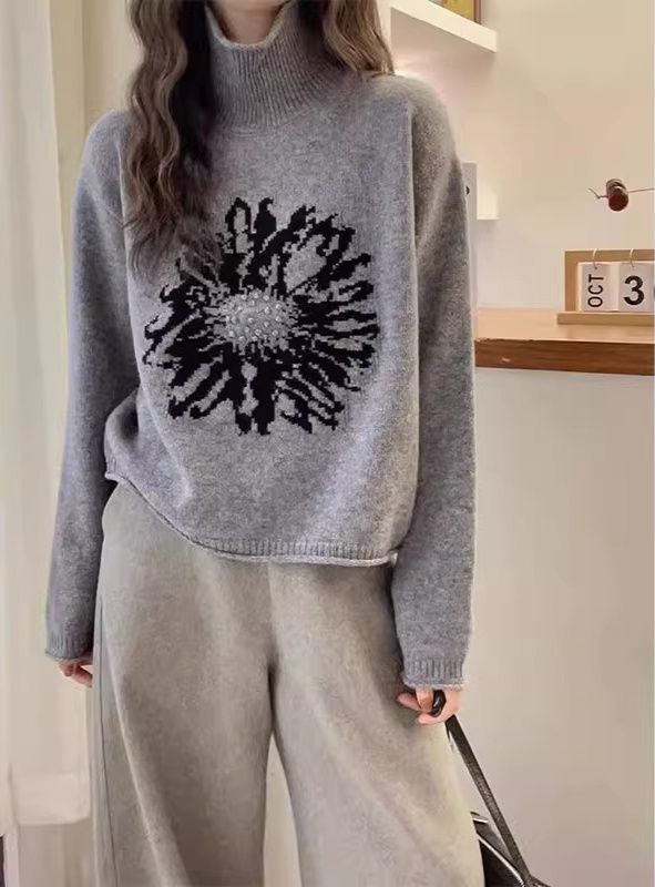 ニット 花柄刺繍デザインタートルネックセーター