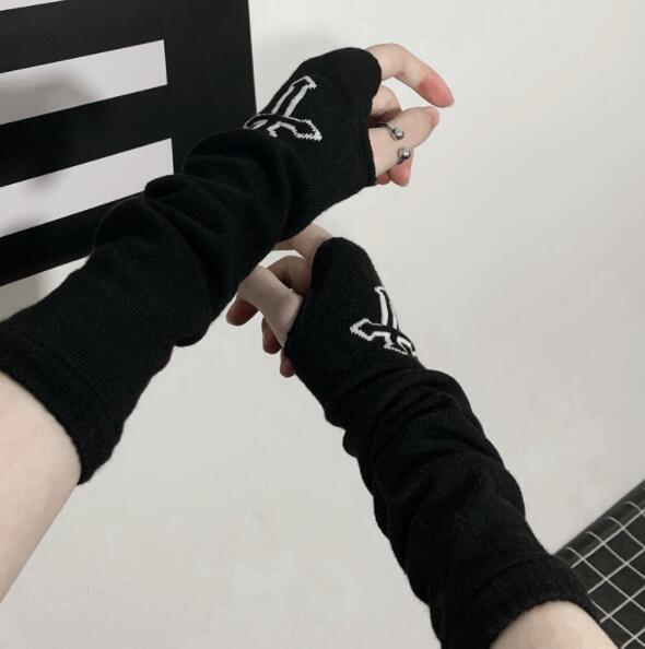 秋冬ニット手袋 十字架刺繍 指なし暗黒系アームカバー