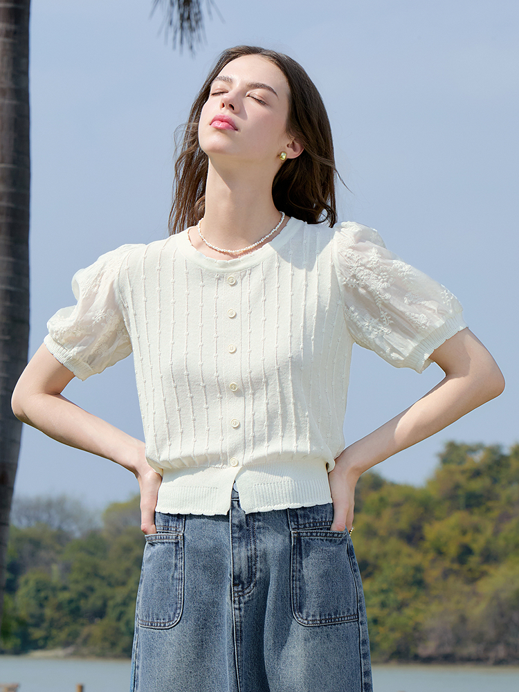 ニット 花刺繍パフスリーブニットカーディガン