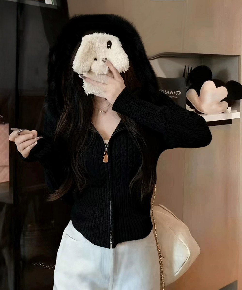 ファー付きフード ケーブル編みニットカーディガン