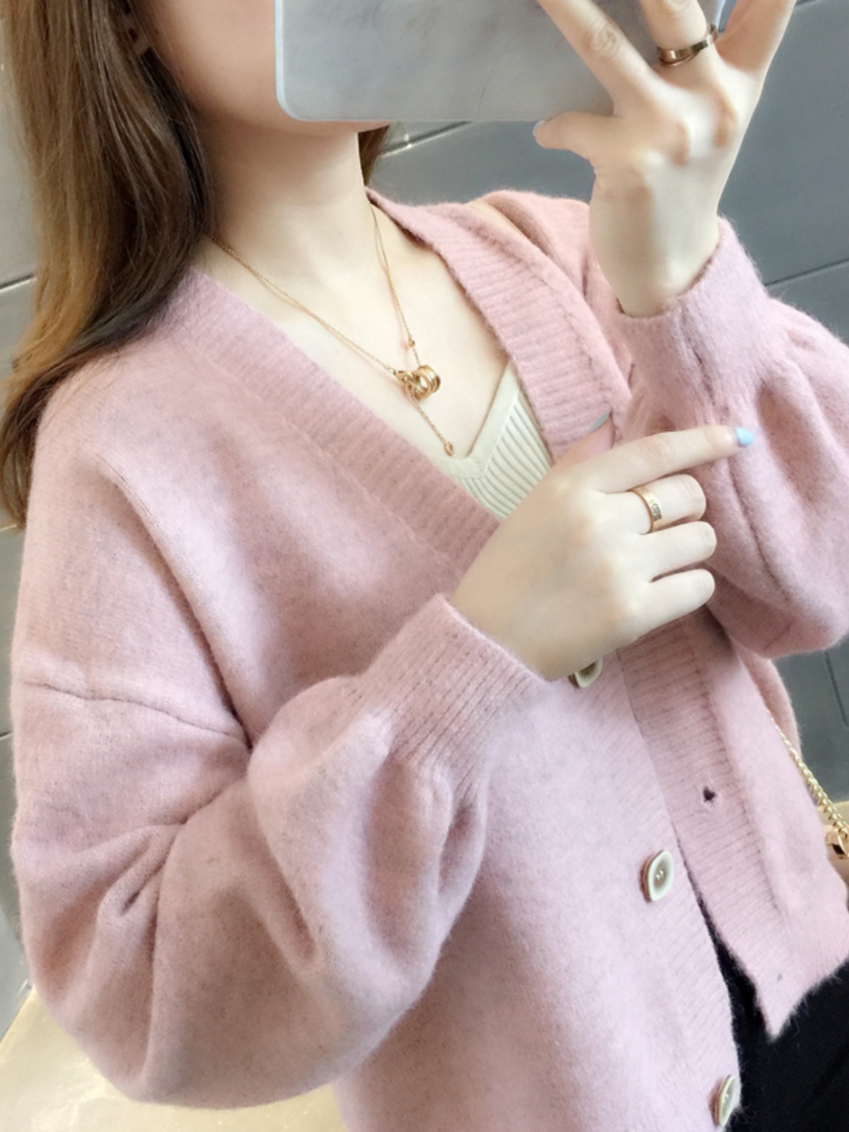 ニット ふわもこ袖ゆったりニットカーディガン