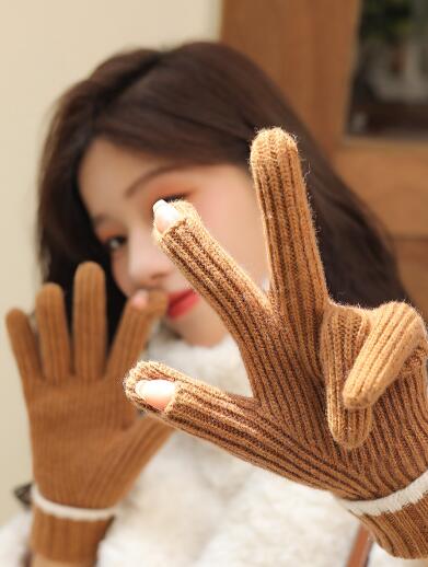 秋冬リブ編みニット手袋毛糸防寒グローブ