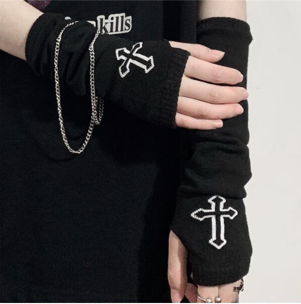 秋冬ニット手袋 十字架刺繍 指なし暗黒系アームカバー