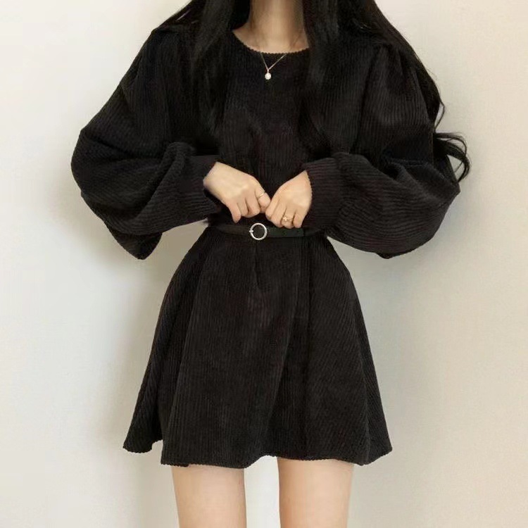 ニット リブ編み長袖ベルト付きニットワンピース