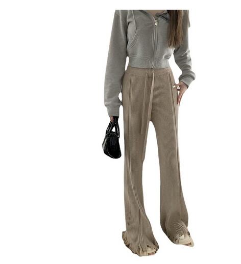 新作レディース高腰リブニットワイドパンツ裾フリンジ付