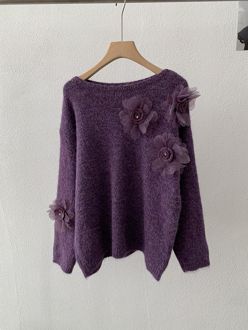 花飾り付きニットセーター ゆったりシルエット 3色展開