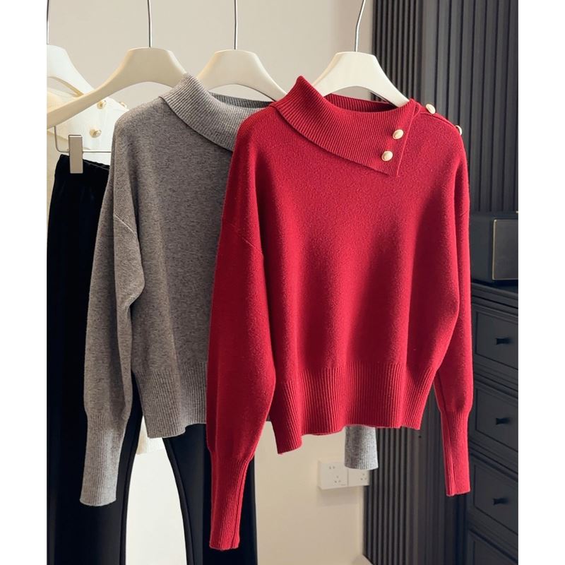金ボタン付き折り返し襟ニットセーター韓国風レディース5色