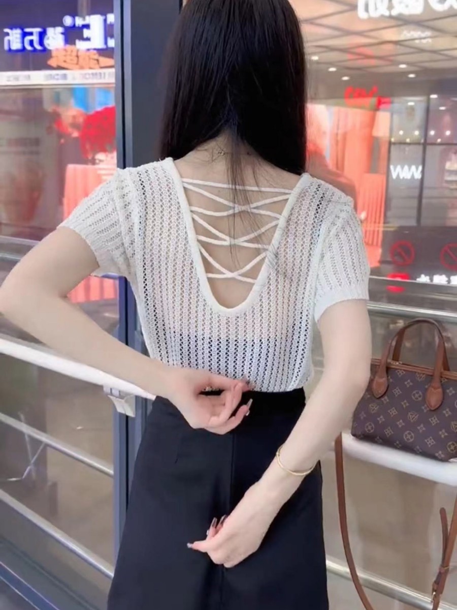 ニット 背中編み上げメッシュニット