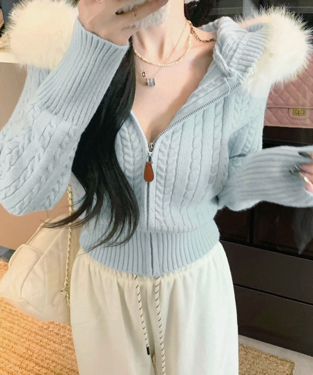 ファー付きフード ケーブル編みニットカーディガン