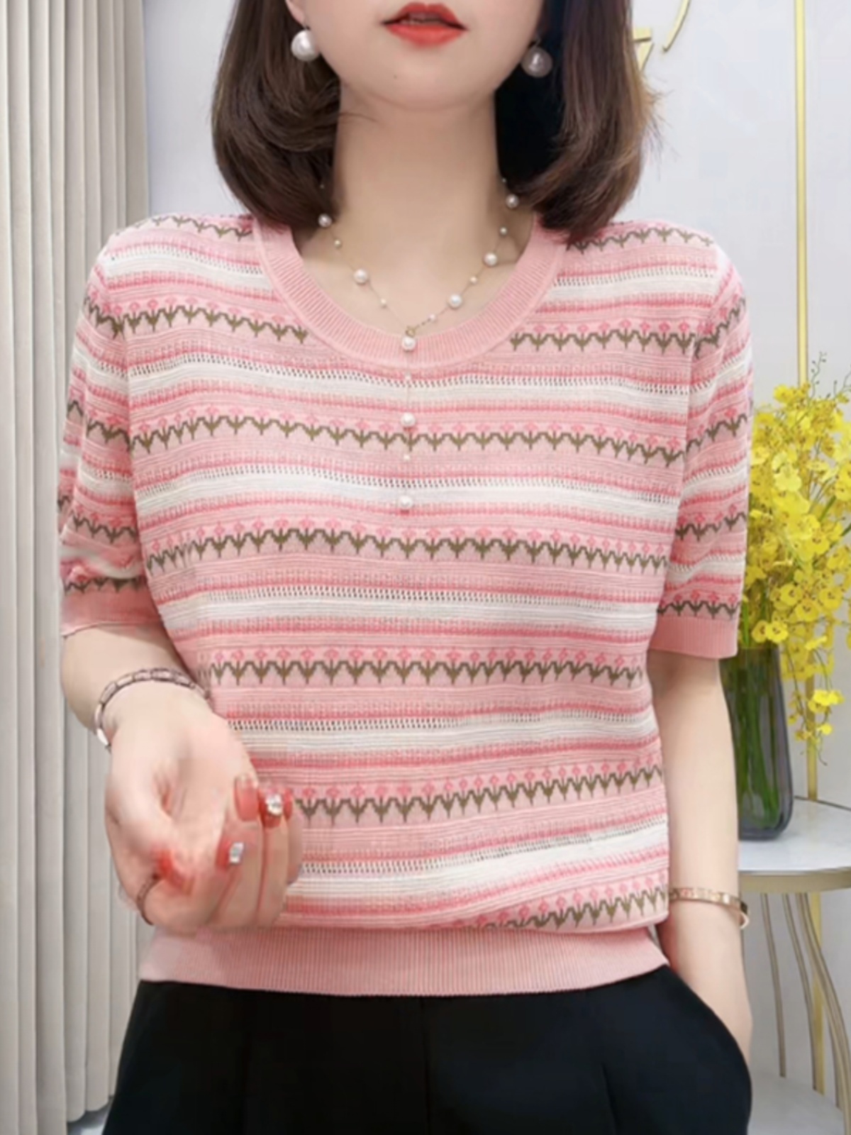 ニット かわいい模様編み半袖ニットカーディガン
