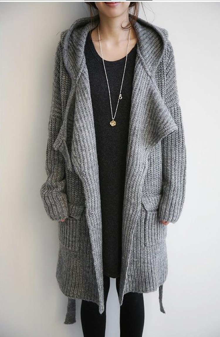 フード付きニットカーディガン ロング丈 ゆったり秋冬