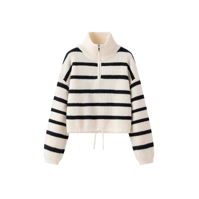 ボーダー柄ハーフジップニットセーター襟付き