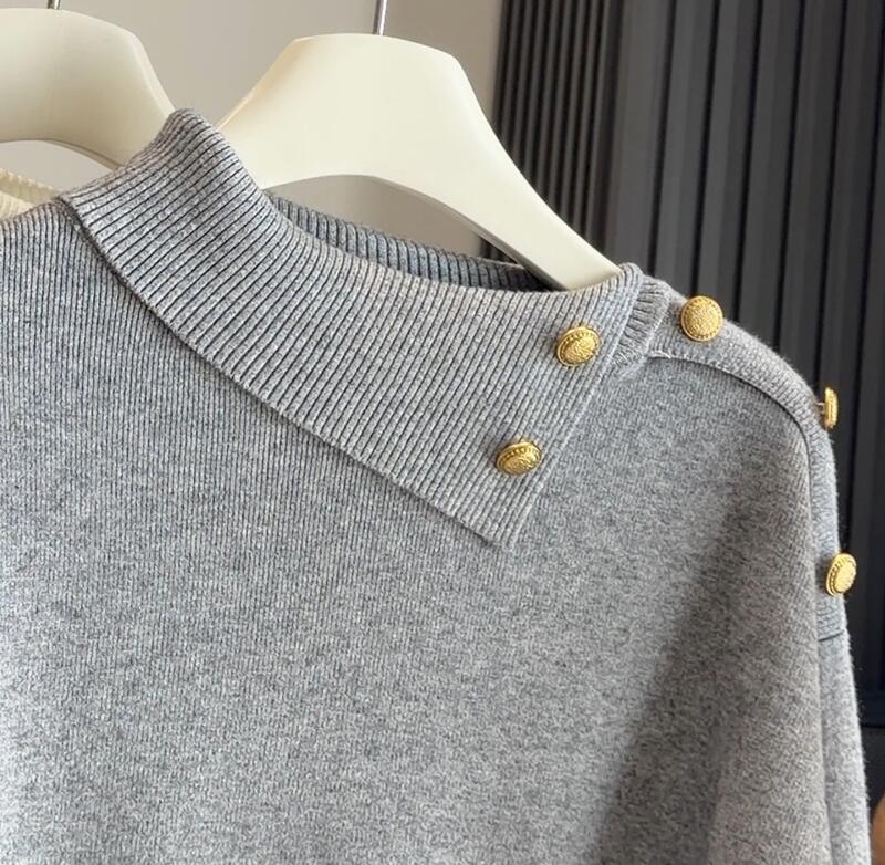 金ボタン付き折り返し襟ニットセーター韓国風レディース5色