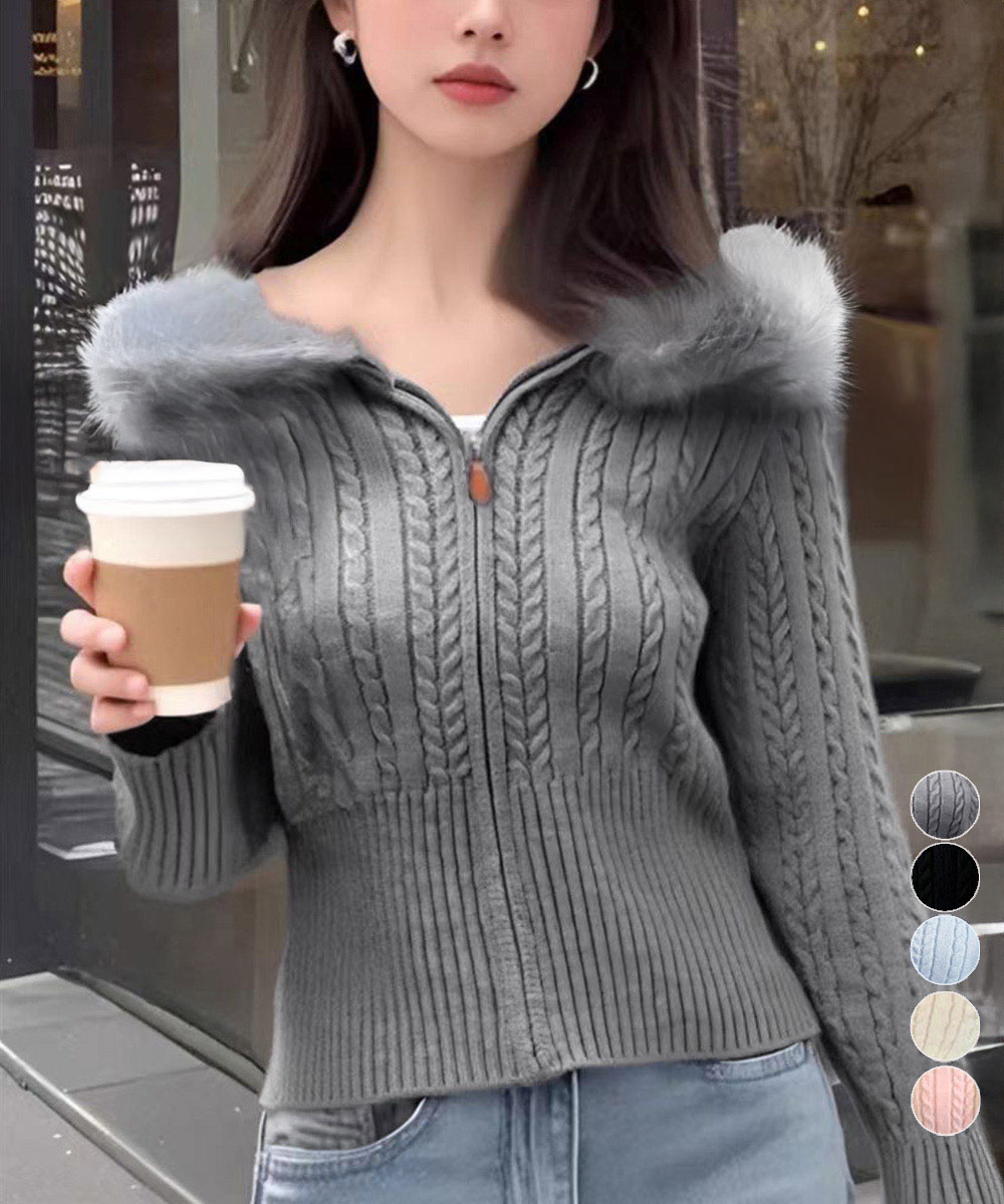 ファー付きフード ケーブル編みニットカーディガン