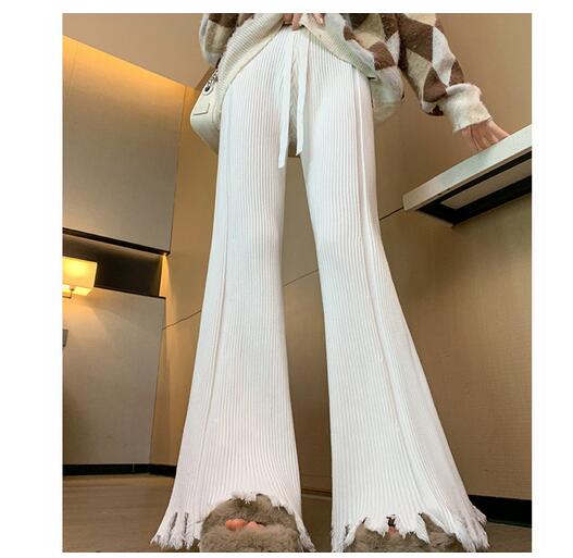 新作レディース高腰リブニットワイドパンツ裾フリンジ付