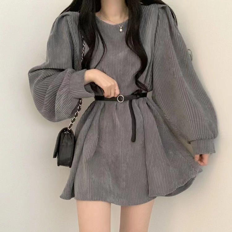 ニット リブ編み長袖ベルト付きニットワンピース