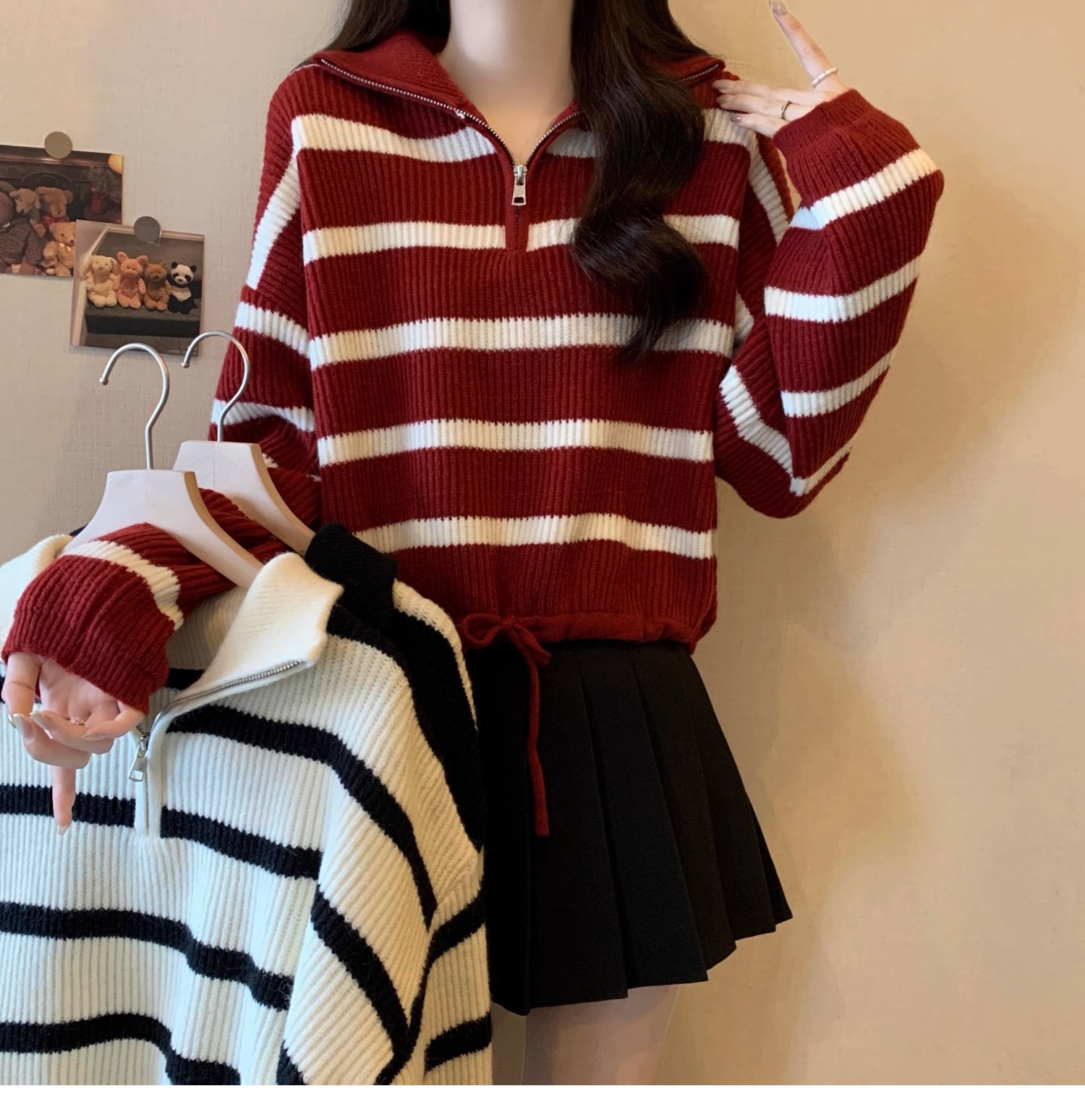 ボーダー柄ハーフジップニットセーター襟付き