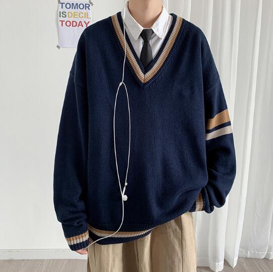 秋冬メンズ襟付きニットセーター学院風