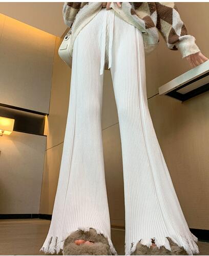 新作レディース高腰リブニットワイドパンツ裾フリンジ付