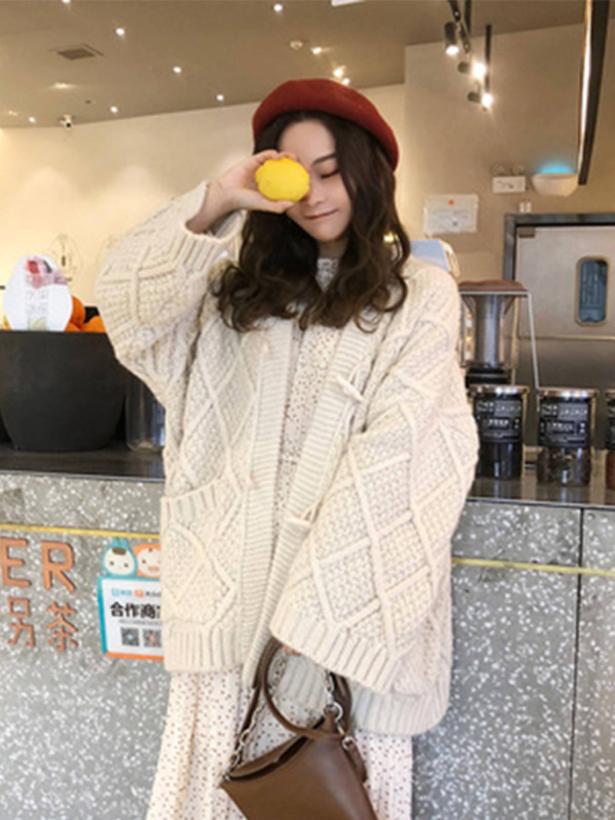 ニット ニット 菱模様のゆったりカーディガン