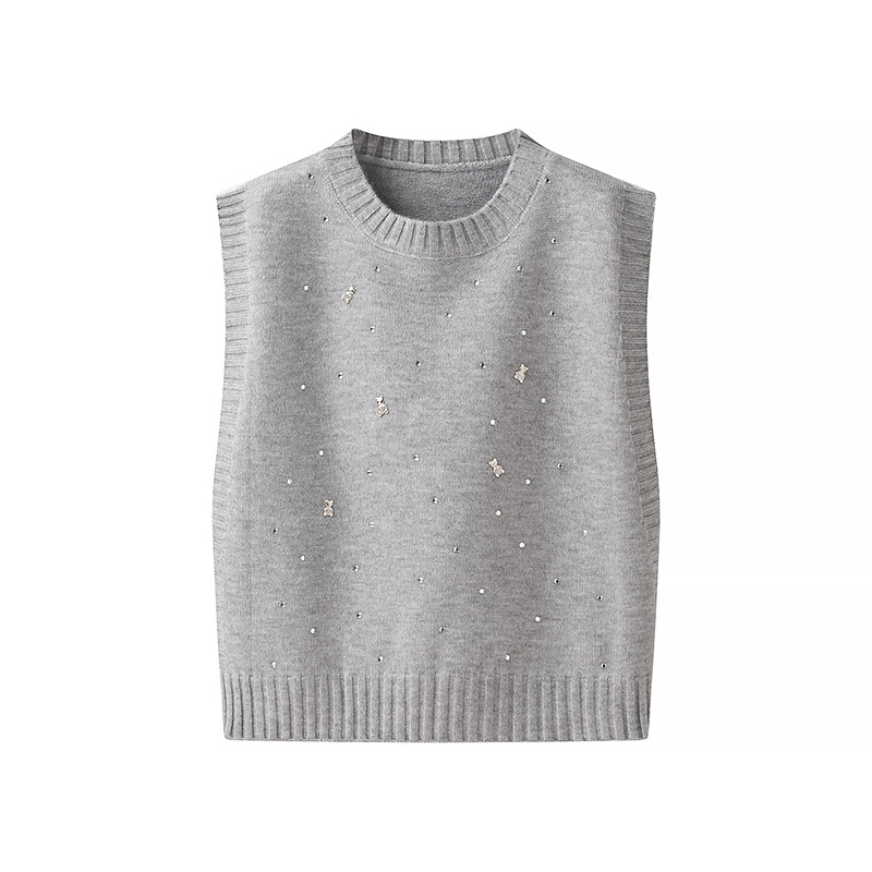 ニット ビジュー散りばめ丸首ベスト