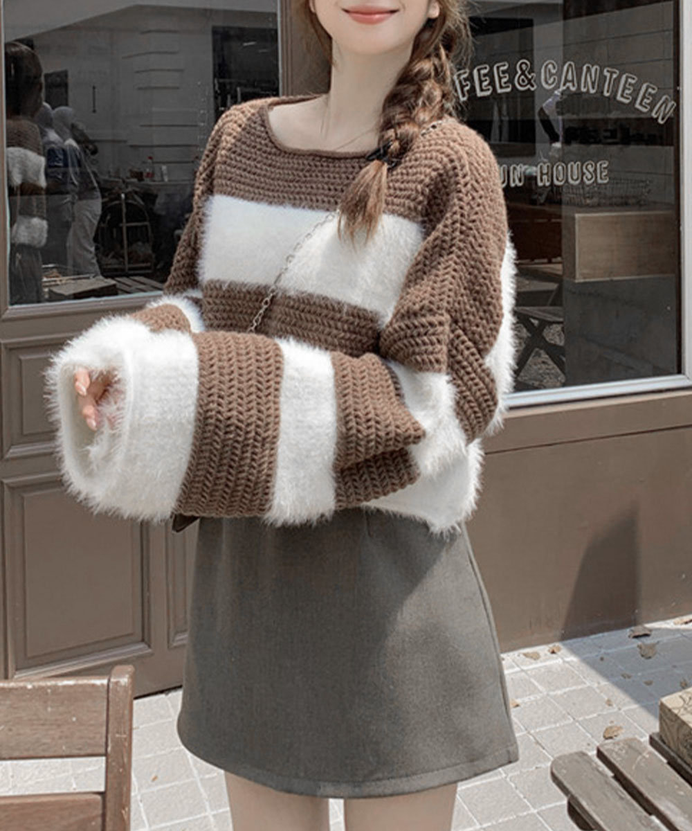 ふわふわボーダーニット長袖セーター