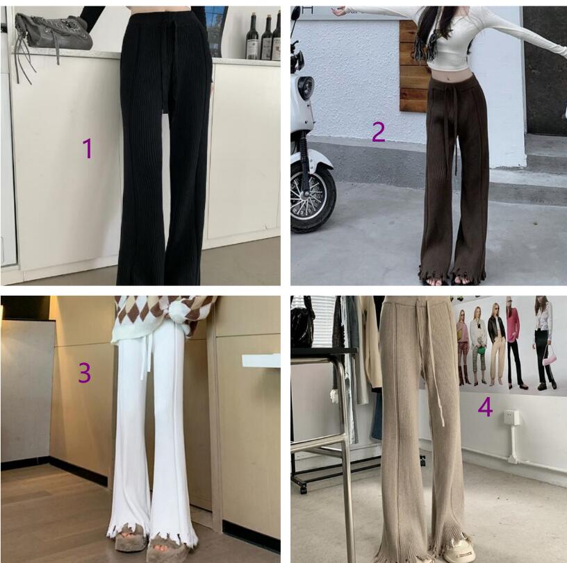 新作レディース高腰リブニットワイドパンツ裾フリンジ付